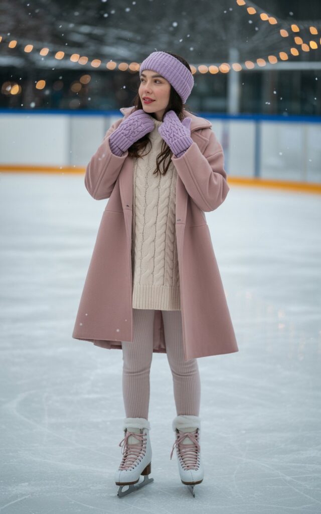A natural-looking young woman wearing pastel-colored winter layers with a soft feminine aesthetic. Theme ice skating outfit