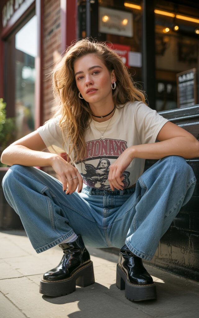 A natural-looking young woman wearing platform sandals or chunky boots styled with a 90s-inspired outfit. Theme 90s outfits