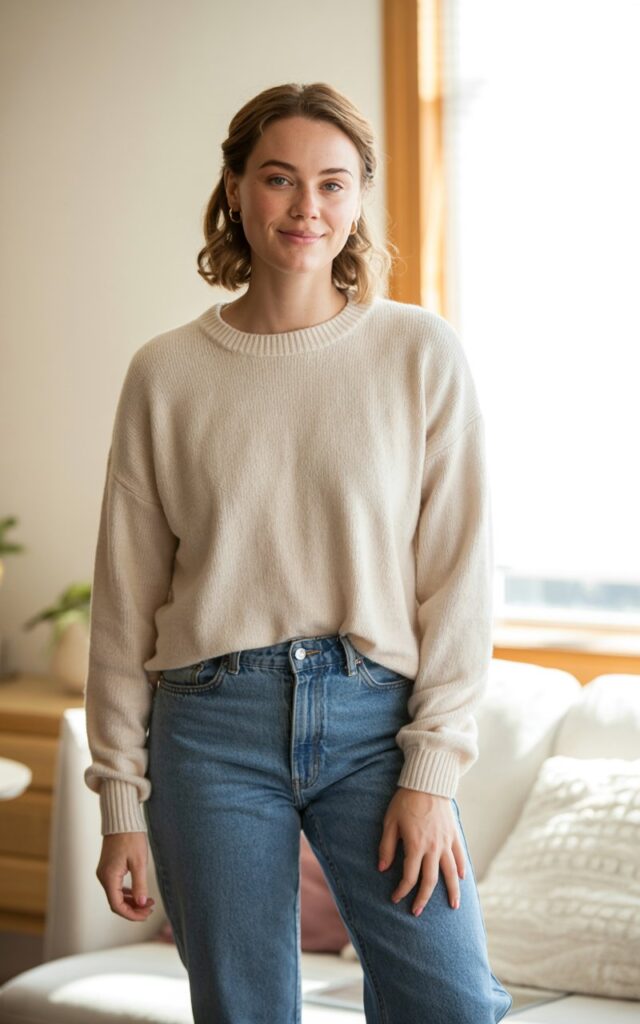 A natural-looking young woman wearing soft neutral pieces mixed with classic blue denim. Theme family photo outfits