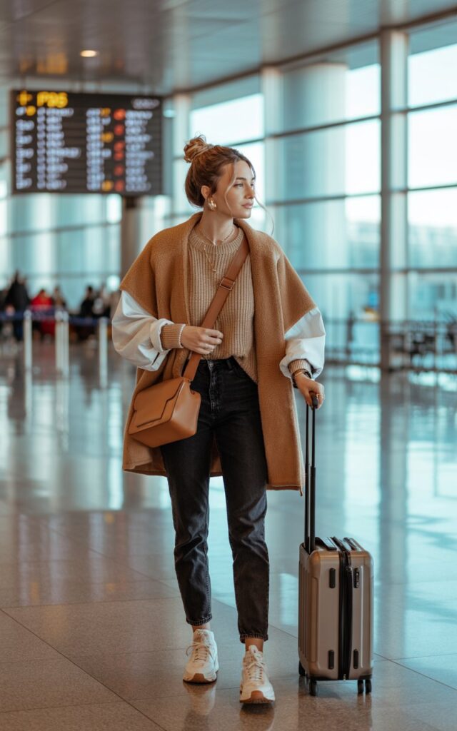 A natural-looking young woman wearing stretchy black jeans with a cozy shacket. Theme airport outfit winter
