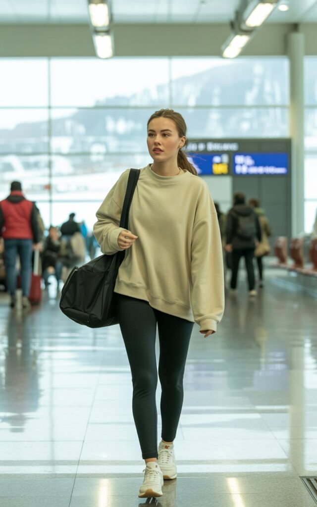 A natural-looking young woman wearing thermal leggings with an oversized sweatshirt. Theme airport outfit winter