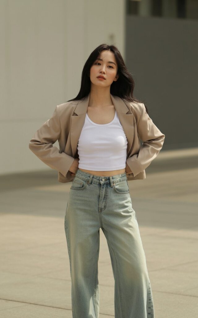 A natural-looking young woman wearing wide-leg jeans paired with a cropped blazer and a simple fitted top. Theme korean casual outfits