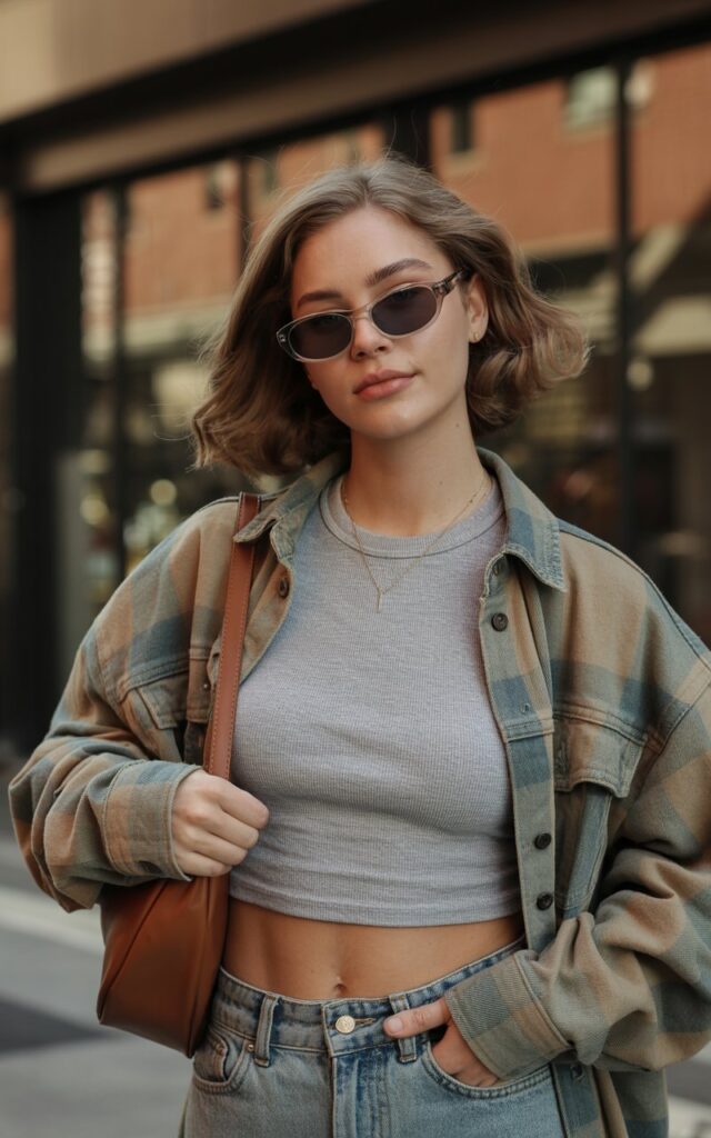A photograph of a natural-looking young woman embodying effortless 90s street style with authentic vintage appeal. She wears slim rectangular sunglasses with dark frames, a structured shoulder bag in brown leather, and layers typical of the decade - perhaps a fitted crop top under an oversized flannel shirt or denim jacket. Her hair is styled in loose waves or a sleek bob, and she poses casually against an urban backdrop with warm, nostalgic lighting. The overall aesthetic captures the relaxed confidence and minimalist grunge influence that defined 1990s fashion.