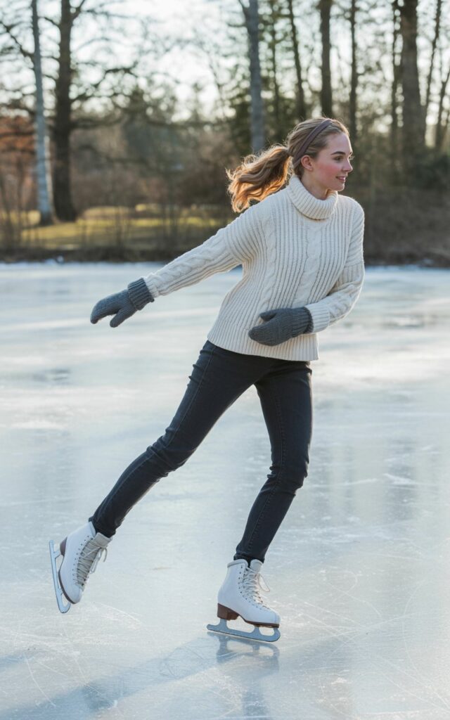 A photograph of a natural-looking young woman dressed in a cozy ice skating outfit, featuring a cream-colored chunky cable-knit sweater and dark navy insulated skinny jeans. She has rosy cheeks from the cold air and her hair is styled in a casual ponytail with a few loose strands framing her face, wearing warm mittens and a knitted headband. Her pose suggests graceful movement on the ice, with one leg slightly extended and arms positioned for balance. The background shows a frozen pond or outdoor skating rink with soft winter light filtering through bare tree branches, creating a crisp and inviting winter atmosphere.