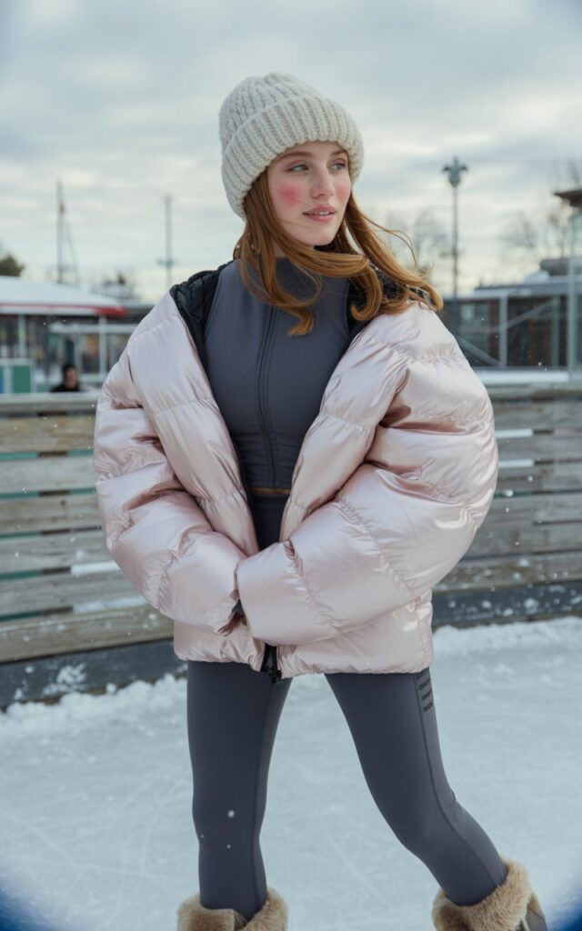 A photograph of a natural-looking young woman dressed in a stylish ice skating outfit, featuring a fitted black thermal base layer beneath an oversized puffy winter jacket in soft pearl white. She has rosy cheeks from the cold air and her hair is loosely tucked into a knit beanie, with a few strands framing her face naturally. The oversized jacket creates a cozy, layered silhouette while still allowing for movement, paired with dark leggings and warm winter boots. The background suggests an outdoor ice rink setting with soft winter lighting and a hint of ice crystals in the air, creating an authentic cold-weather athletic atmosphere.