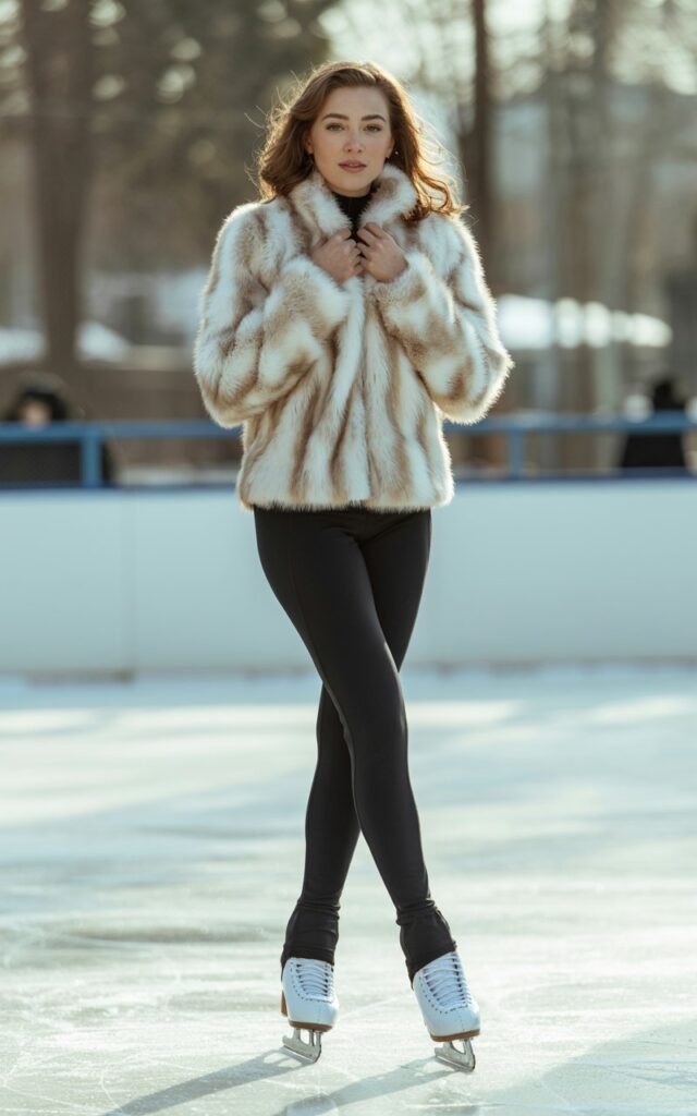 A photograph of a natural-looking young woman dressed in a stylish ice skating outfit, featuring a luxurious cream-colored faux-fur jacket with a high collar and fitted silhouette. She wears sleek black athletic leggings that hug her figure, paired with white figure skates laced up to mid-calf, creating an elegant contrast against the dark fabric. Her hair flows naturally in soft waves, and she strikes a graceful pose with one hand adjusting her jacket collar, exuding confidence and winter sport elegance. The background suggests an outdoor ice rink setting with soft, diffused winter light casting a gentle glow on her outfit, emphasizing the cozy yet athletic aesthetic.