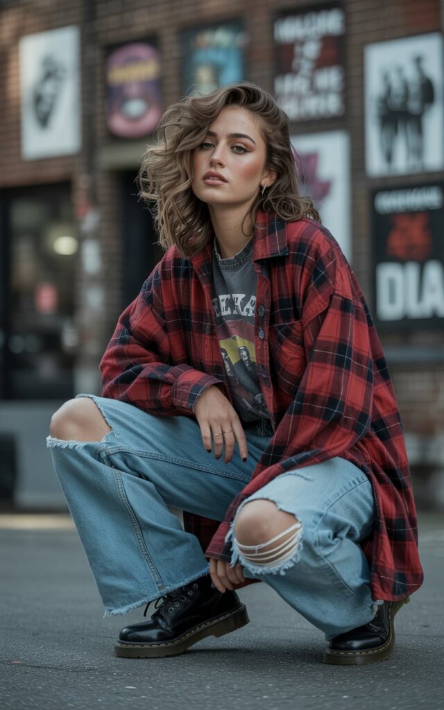 A photograph of a natural-looking young woman embodying authentic 90s grunge fashion, wearing an oversized red and black plaid flannel shirt casually draped over a faded band t-shirt. She's styled in high-waisted light-wash denim jeans with deliberate rips at the knees and thighs, paired with scuffed black Doc Martens boots that show years of wear. Her hair cascades in effortless tousled waves with choppy face-framing layers, complemented by minimal makeup featuring smudged kohl-rimmed eyes and matte burgundy lips. The urban backdrop features weathered brick walls adorned with vintage concert posters in soft focus, bathed in moody natural light that captures the rebellious yet effortlessly cool spirit of 1990s alternative culture.