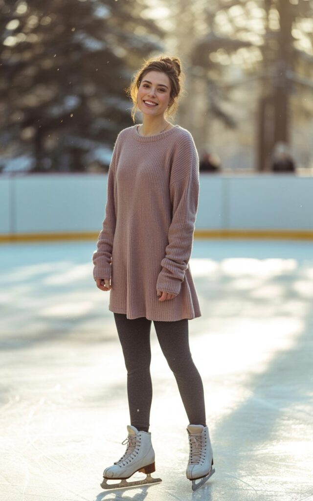 A portrait photograph of a natural-looking young woman dressed in a cozy ice skating outfit, featuring a soft knit sweater dress in cream or dusty rose. She wears opaque thermal tights in charcoal gray and comfortable ankle boots, with her hair styled in a relaxed bun with loose strands framing her face. The woman stands confidently with a warm, genuine smile, her cheeks slightly flushed from the cold air. The background suggests a winter setting with soft, diffused lighting that creates a gentle glow around her figure, evoking the crisp atmosphere of an outdoor ice rink.