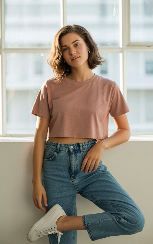 A portrait photograph of a natural-looking young woman with effortless beauty, wearing a soft cotton cropped tee in cream or dusty rose paired with high-waisted straight-leg denim jeans in classic indigo blue. She stands in a relaxed pose with one hand casually placed on her hip, her fitted sneakers in clean white canvas completing the laid-back yet put-together look. The background features soft natural lighting from a large window, casting gentle shadows that highlight the comfortable silhouette and modern simplicity of the crop top styling. Her hair falls naturally around her shoulders, and her expression conveys confidence and ease in this timeless casual outfit.