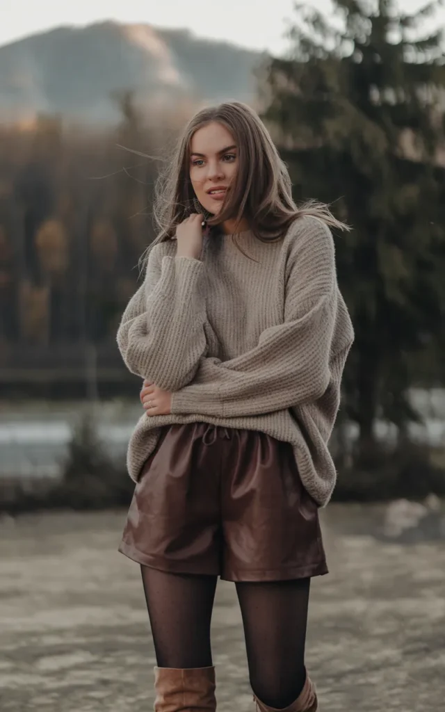 Combine a relaxed sweater with faux leather shorts and boots.
