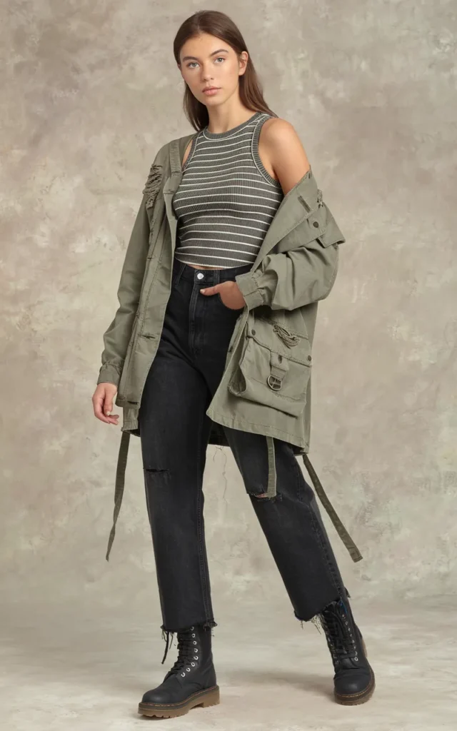 Combine a utility jacket with a striped tank and black jeans