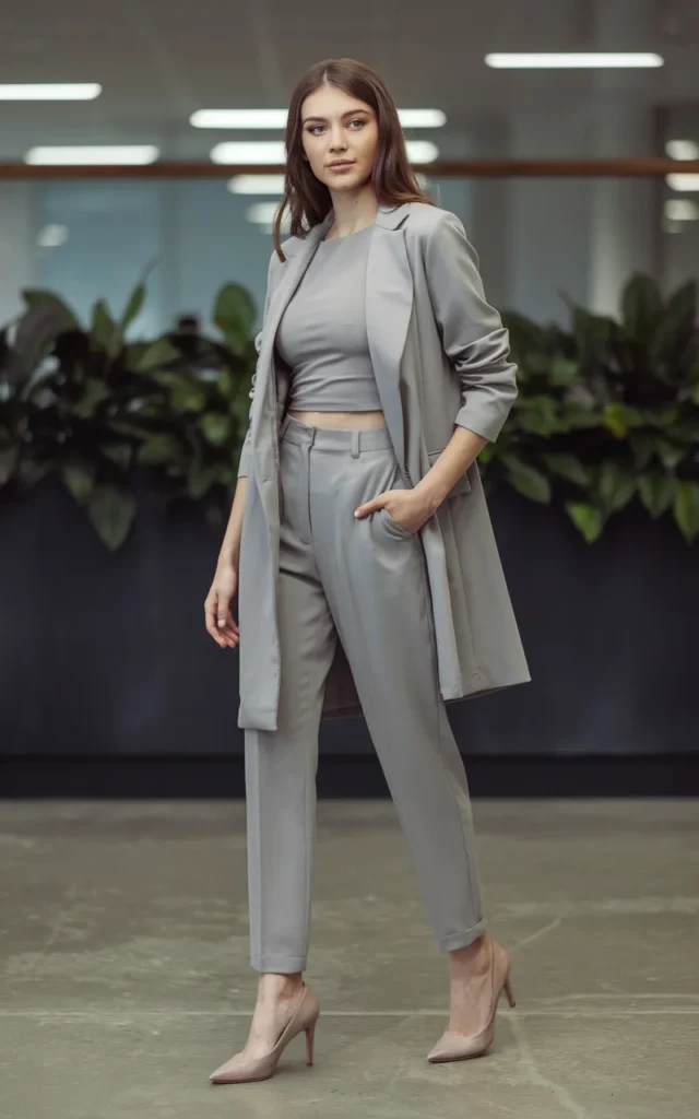 Layer a longline blazer over a fitted top and trousers