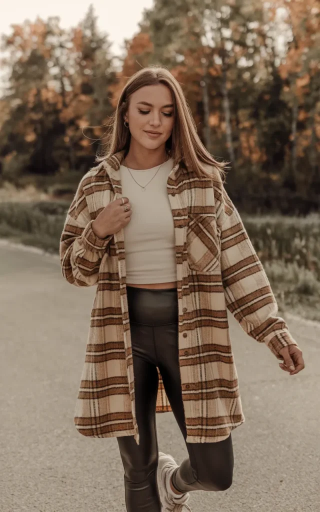 Layer a plaid shacket over a fitted tee and black leggings.