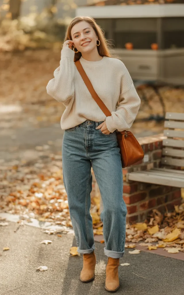 Pair a chunky knit sweater with straight-leg jeans and ankle boots.
