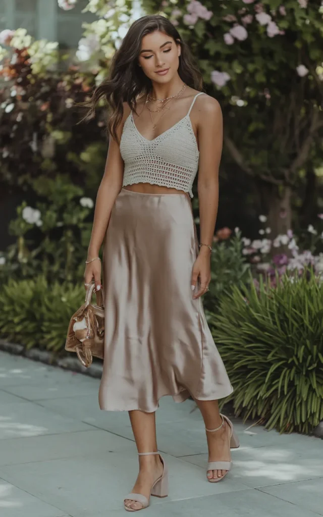 Pair a crochet top with a satin skirt