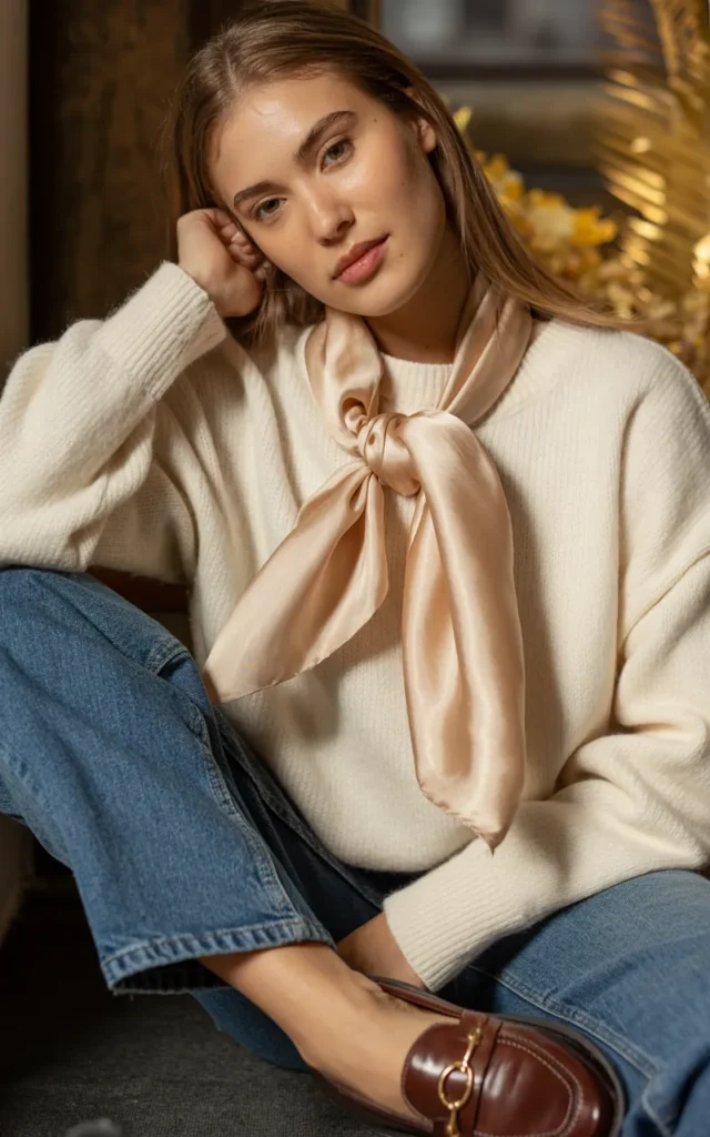 Pair a lightweight knit with a satin scarf and straight jeans.