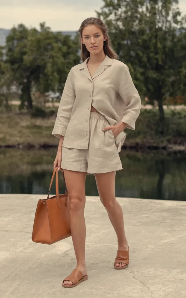  Pair a linen two-piece set with leather sandals
