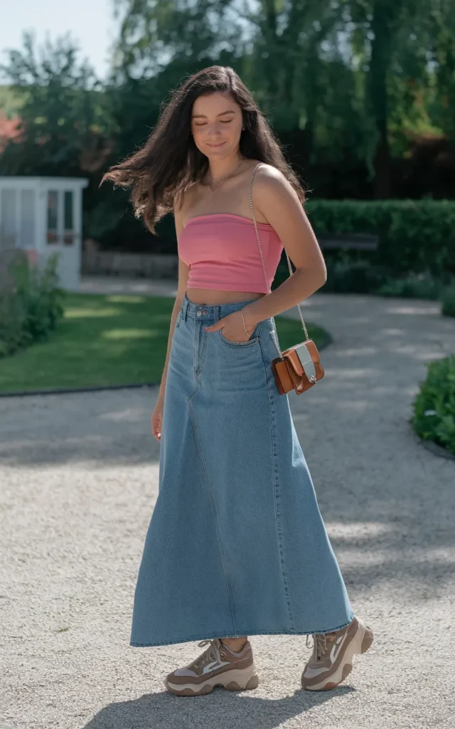 Pair a pink tube top with a maxi denim skirt