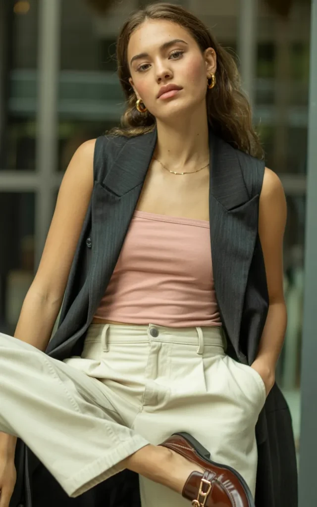 Pair a pink tube top with a tailored vest on top