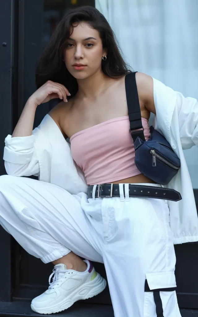 Pair a pink tube top with white cargo pants