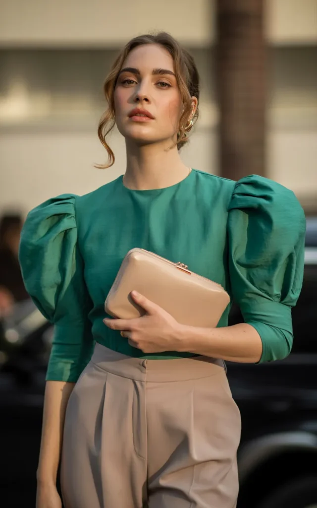 Pair a statement blouse with neutral trousers