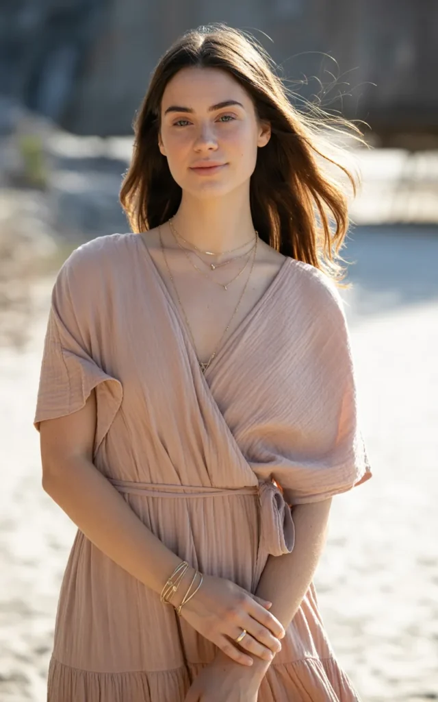 Pair a wrap dress with strappy sandals and layered jewelry