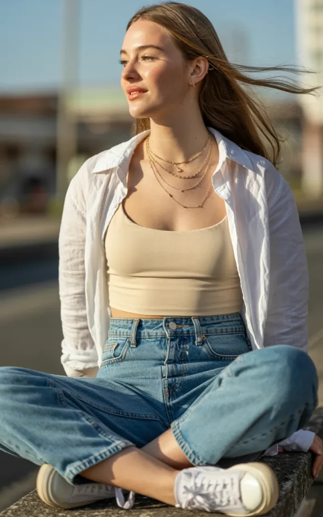 Style a button-down shirt as a light outer layer over a crop top