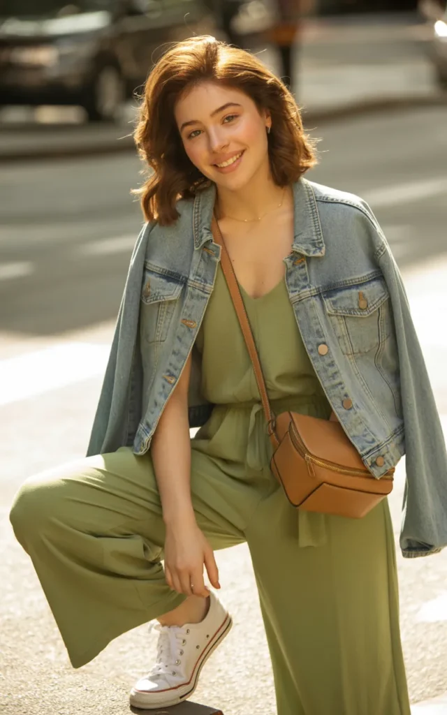 Style a jumpsuit with a denim jacket and sneakers