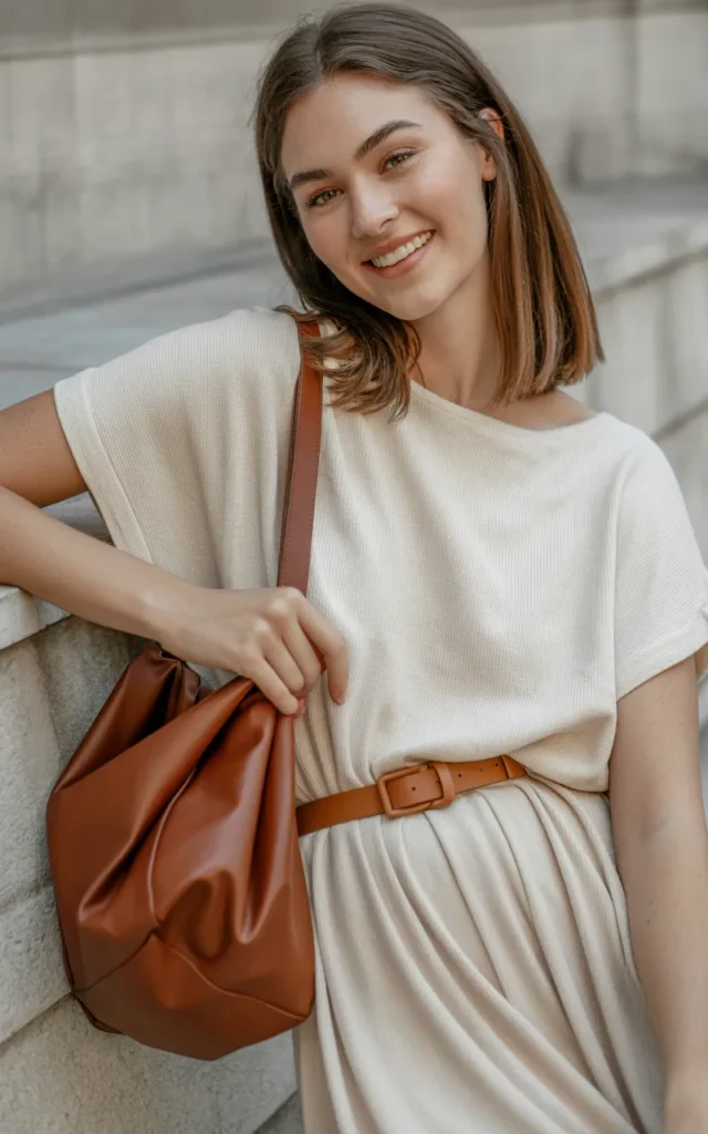 Style a knit dress with a belt and ankle boots