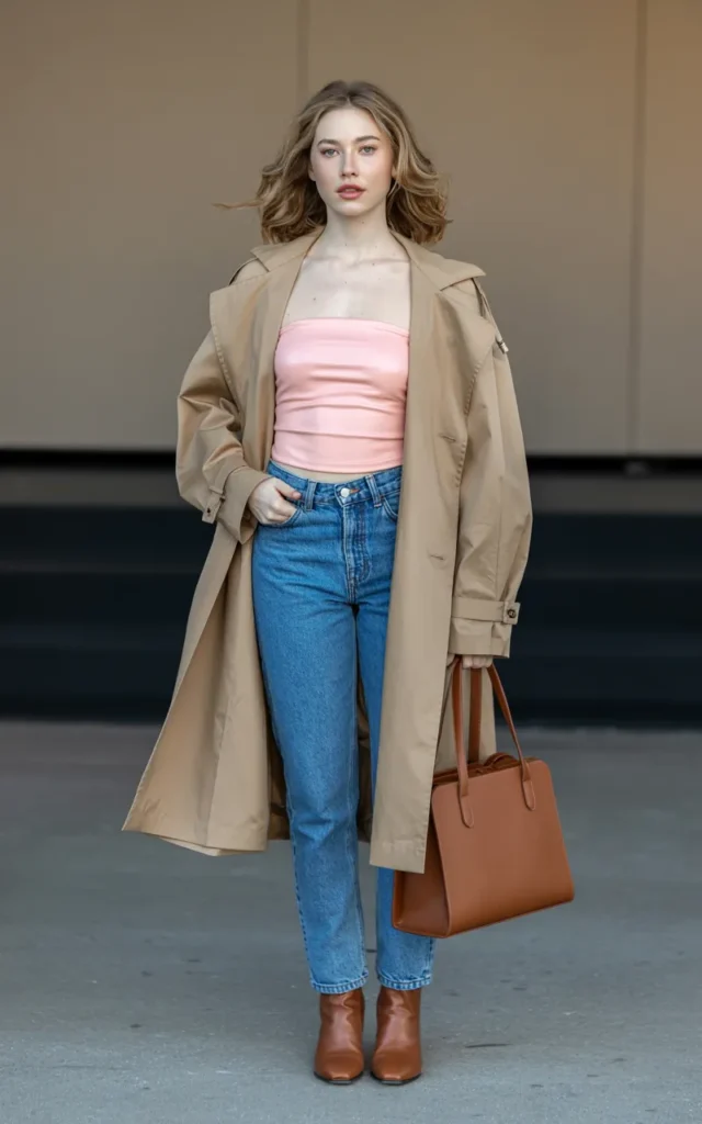 Style a pink tube top with a trench coat and jeans