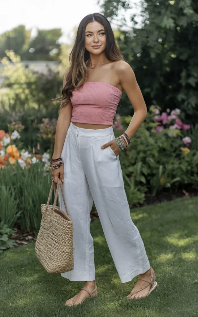 Style a pink tube top with linen trousers
