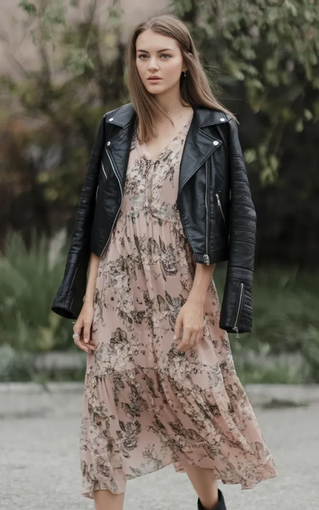 Throw a leather jacket over a floral midi dress 🌸