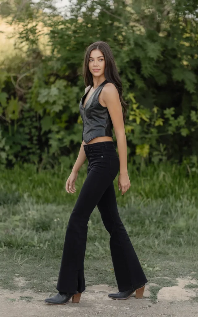 Wear a black vest with flared pants