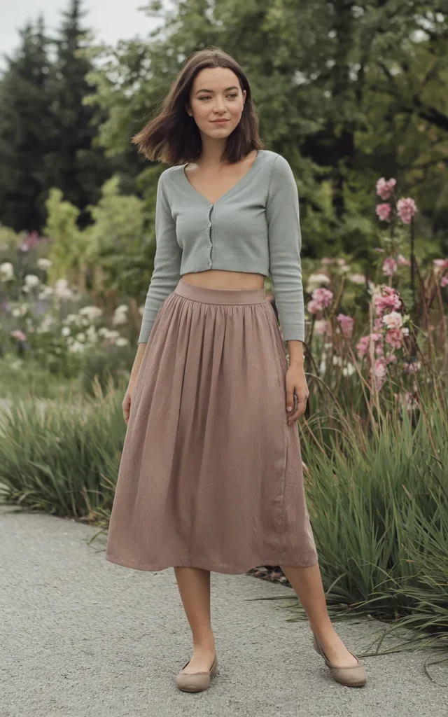 Wear a cropped cardigan with a high-waisted midi skirt