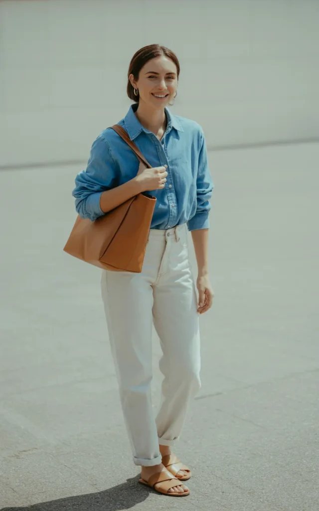 Combine a denim shirt with white jeans