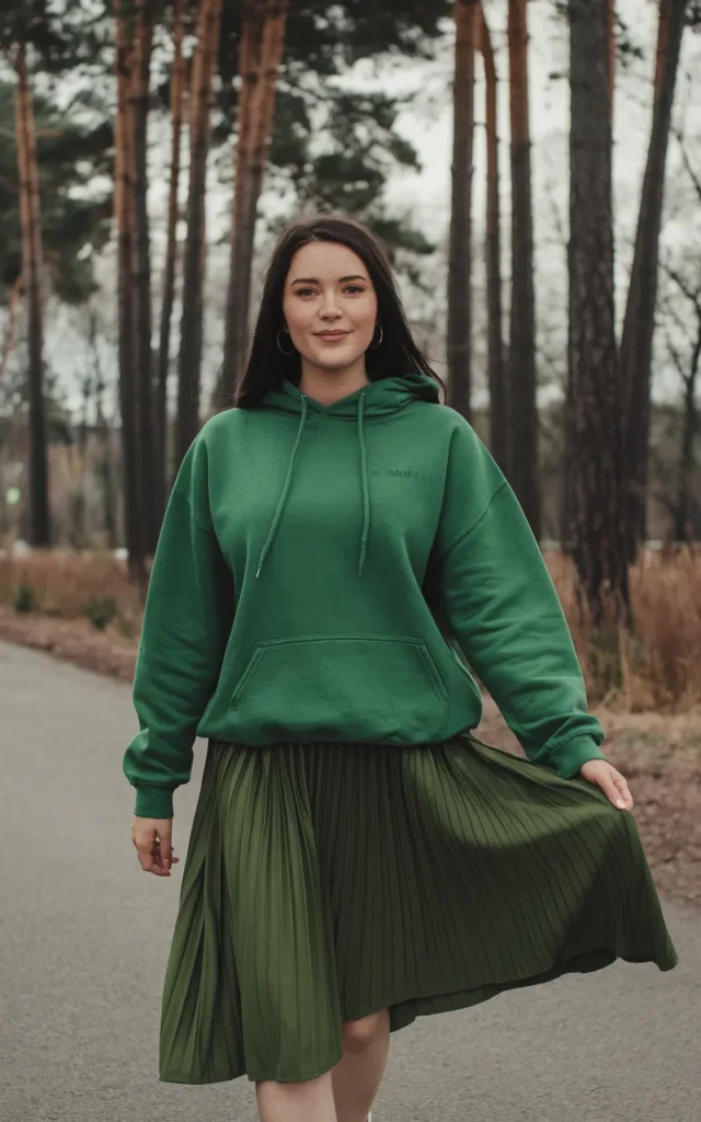 Combine a green hoodie with a pleated skirt