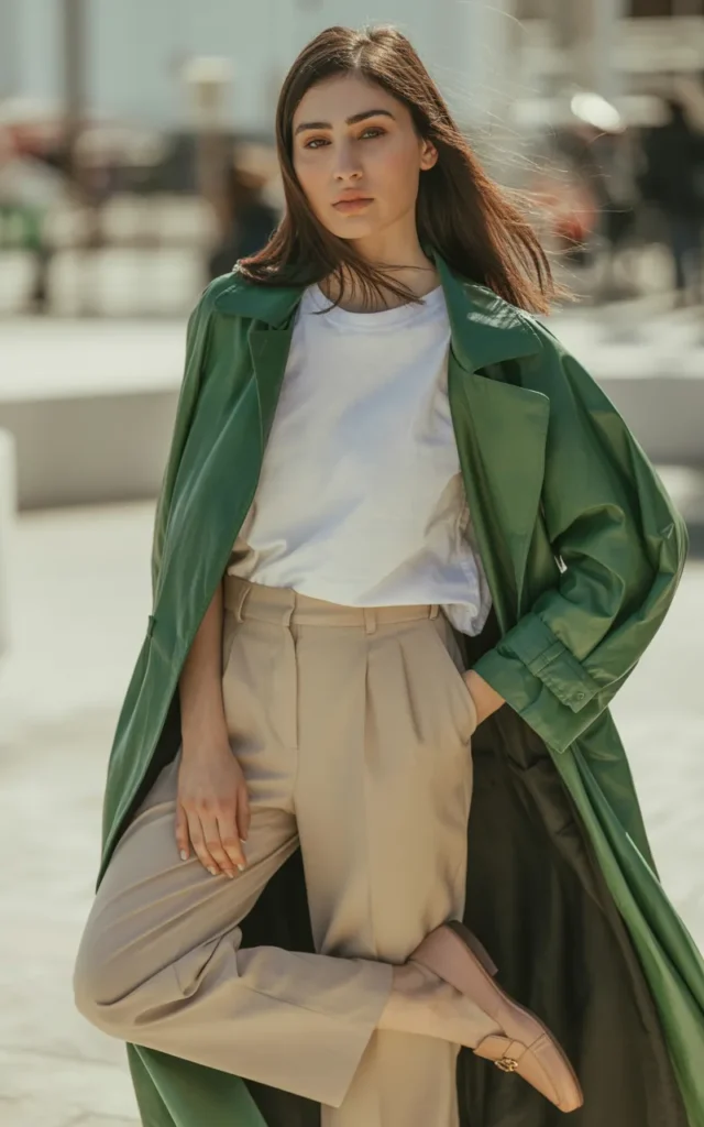 Layer a green trench coat over a neutral base
