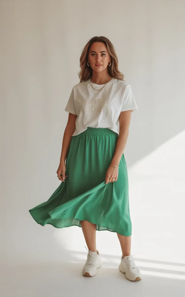 Pair a graphic tee with a green midi skirt
