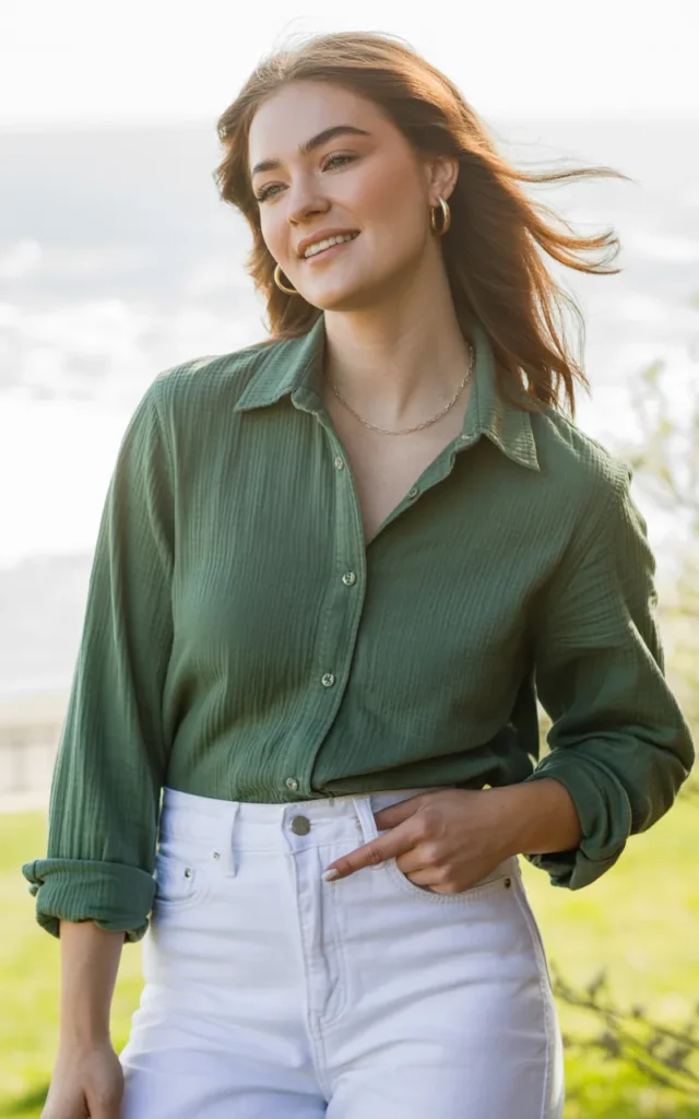 Pair a green button-down with white jeans