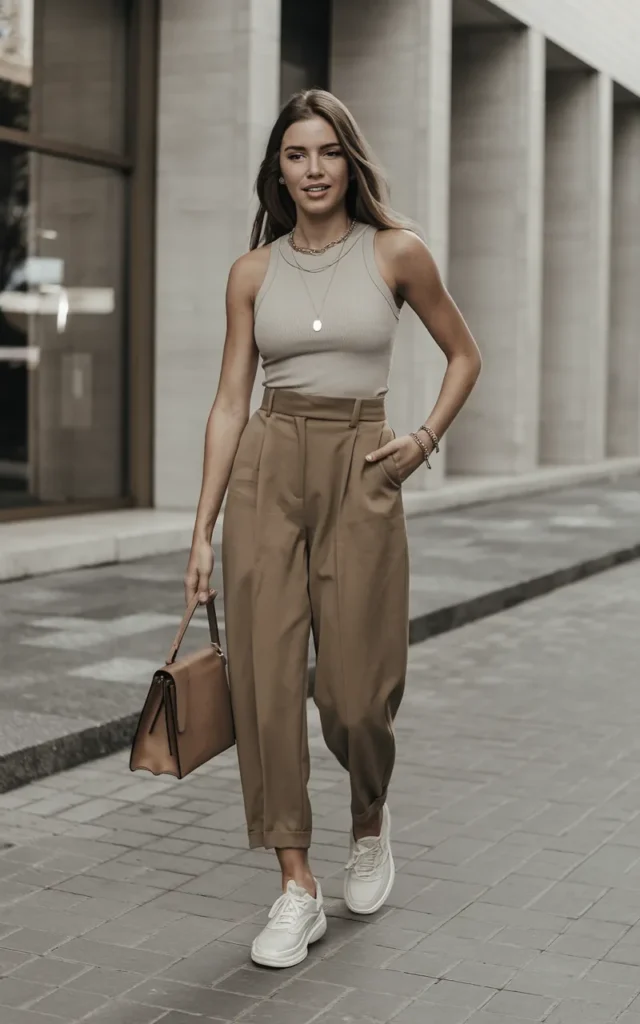 Pair a tank top with tailored trousers and sneakers