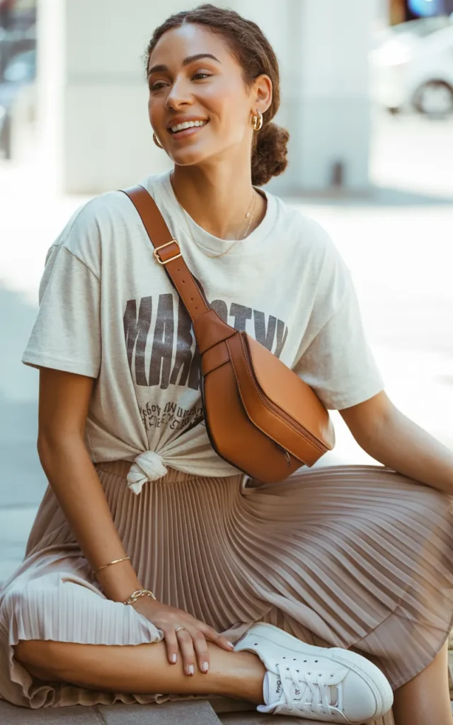 Style a graphic tee with a pleated skirt