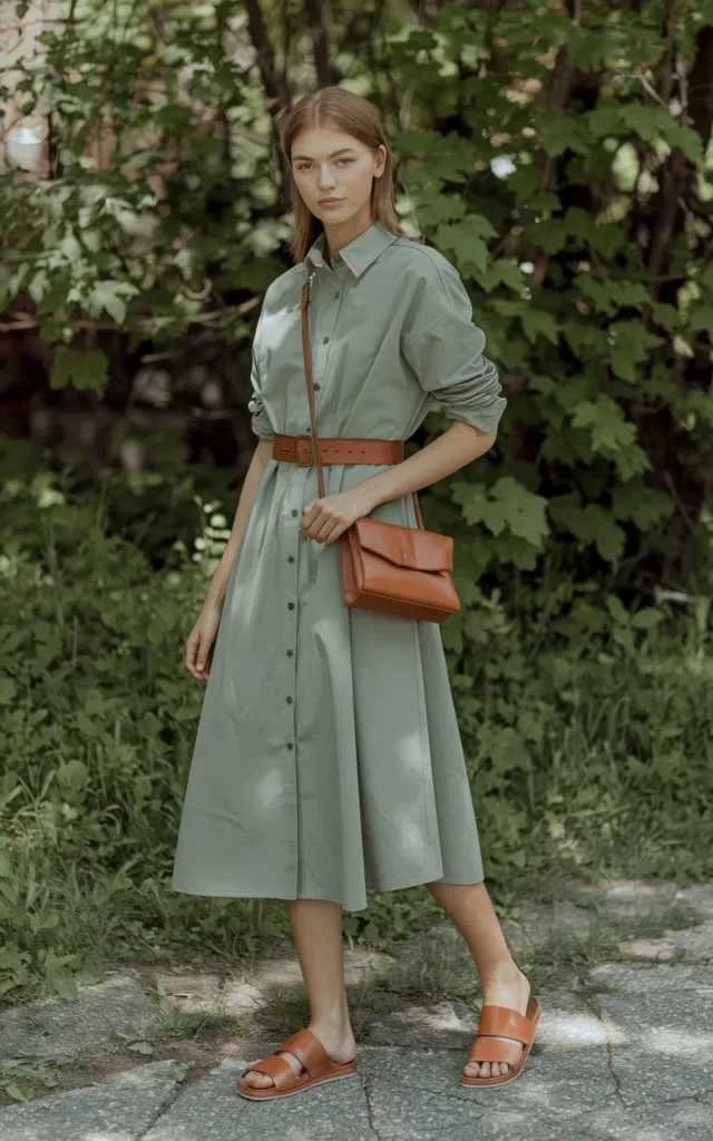Style a midi shirt dress with a belt and sandals