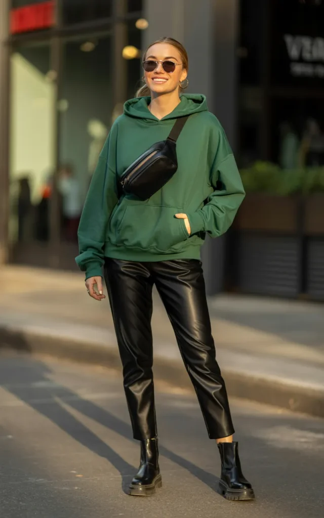 Wear a green hoodie with faux leather pants