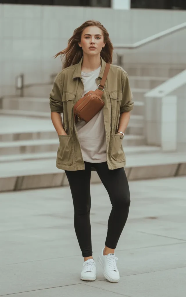 Wear a utility jacket with leggings
